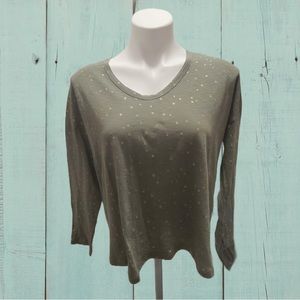 Anthropologie Sundry Green Long Sleeve Shirt with Gold Star Print